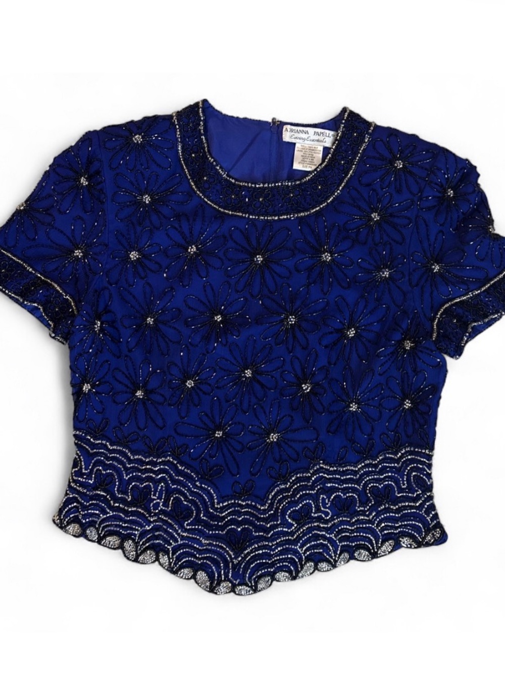 Adrianna Papell Blue Beaded Floral Short Sleeve Top with Silk